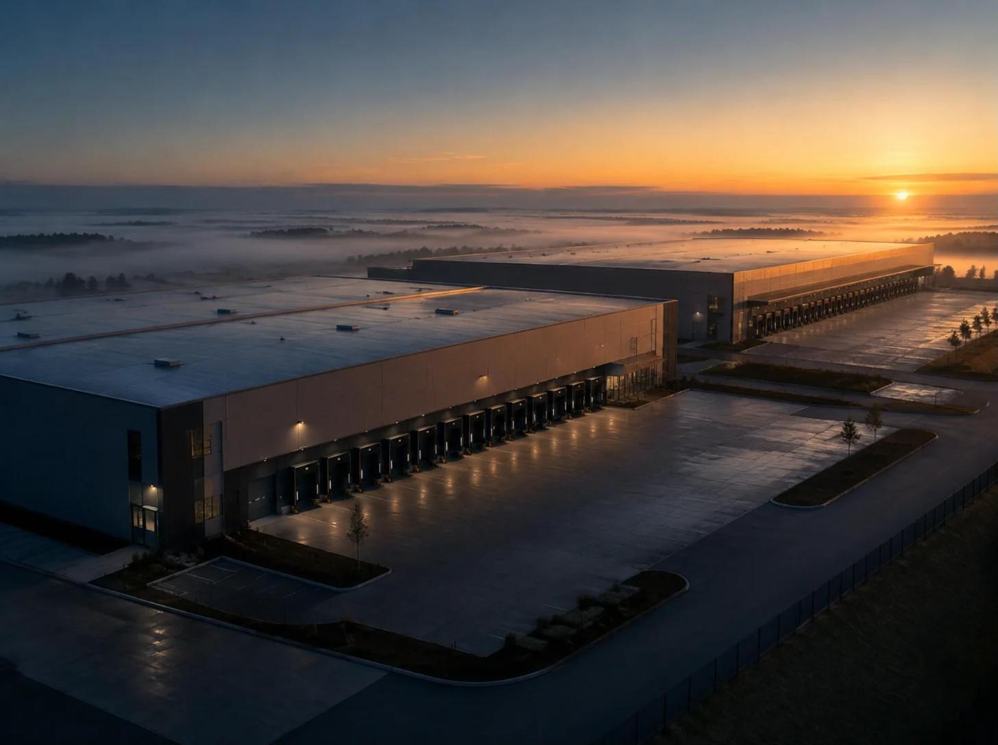 Industrial warehouse campus at dawn